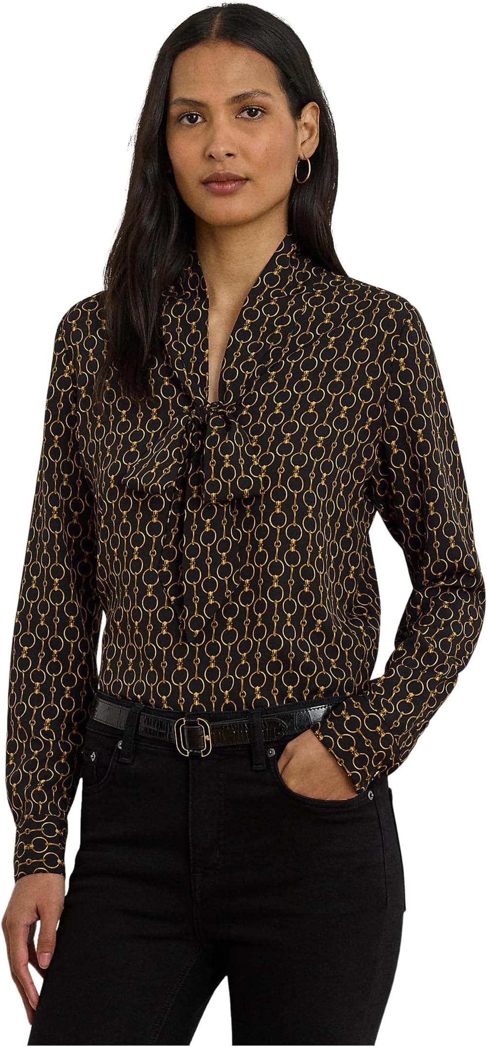 

Женская креповая блузка с принтом цепочка и завязкой на шее Lauren Ralph Lauren, Black Multi