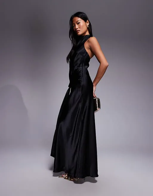 

Черное атласное платье макси с драпировкой и узлом Forever New Petite Petite