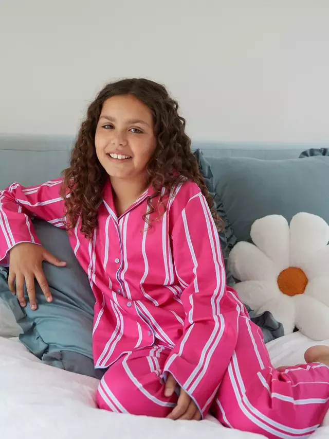 Детский пижамный комплект Chloe в полоску с длинными рукавами, розовый Minijammies — фото 3
