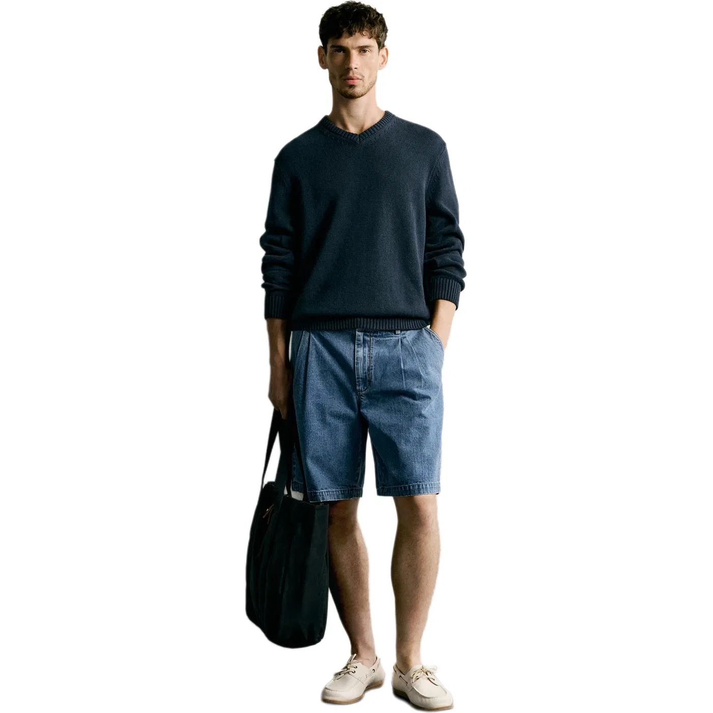 Мужской свитер с V-образным вырезом, свободный крой, Sea Blue, ZARA — фото 4