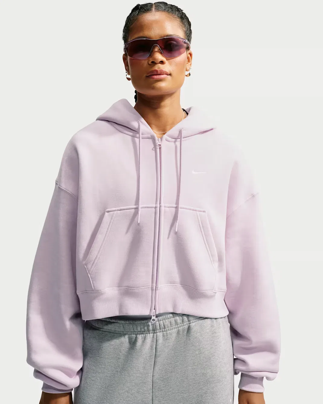 Женская укороченная толстовка оверсайз на молнии Nike Studio Fleece Medium Weight, Bleached Lilac/Sail — фото 3