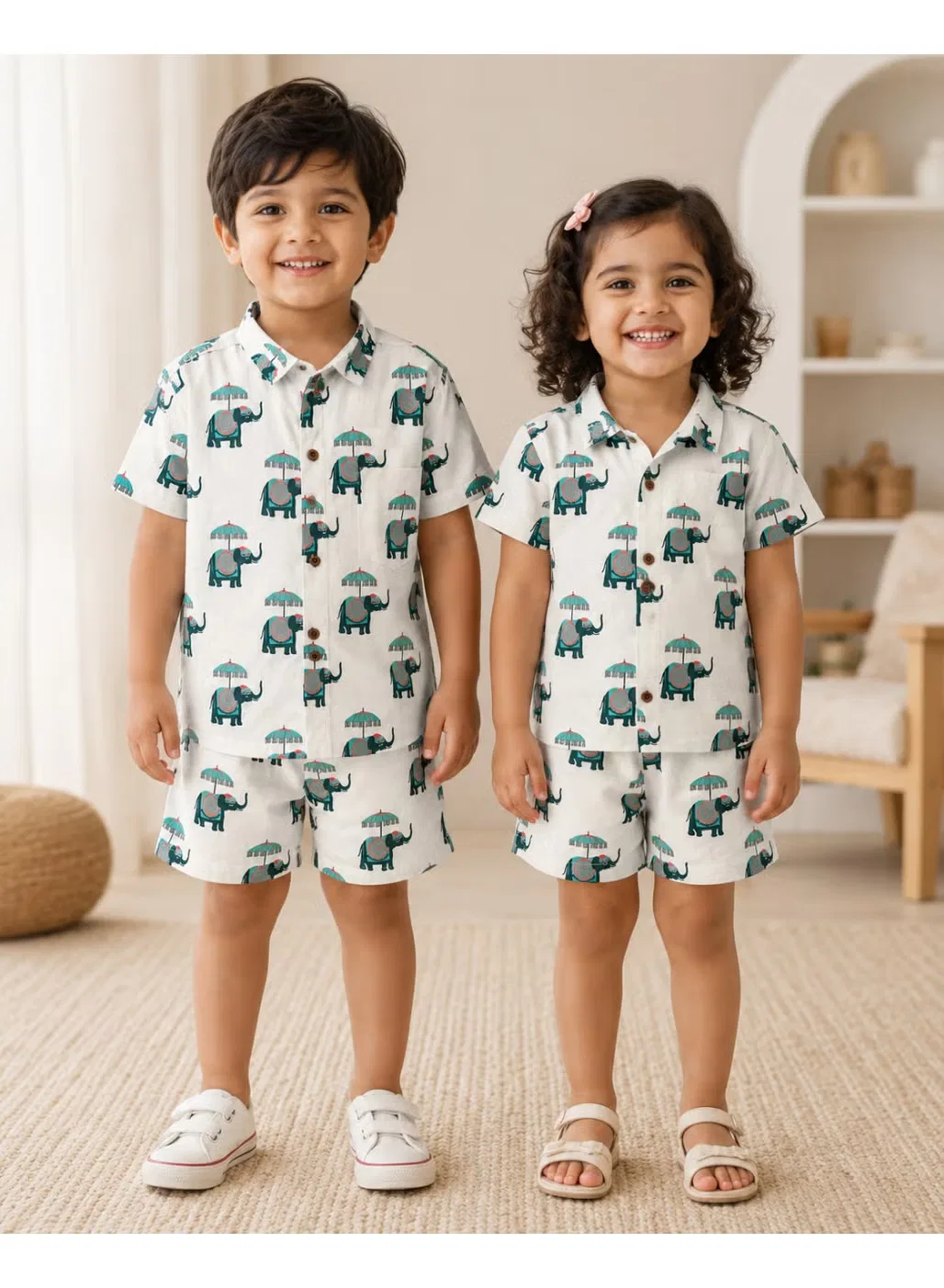 Комплект детский с принтом слонов и зонтов 2 предмета Matching Family Outfits, белый