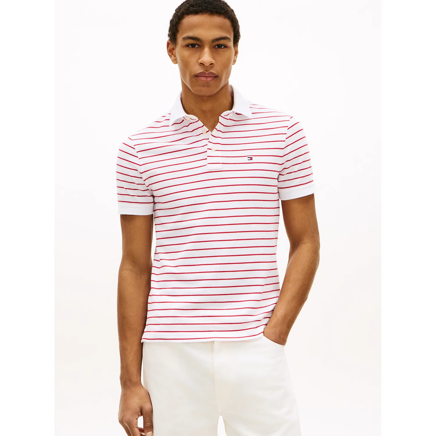 Мужское приталенное поло с вышивкой логотипа Tommy Hilfiger, White/Medium Red