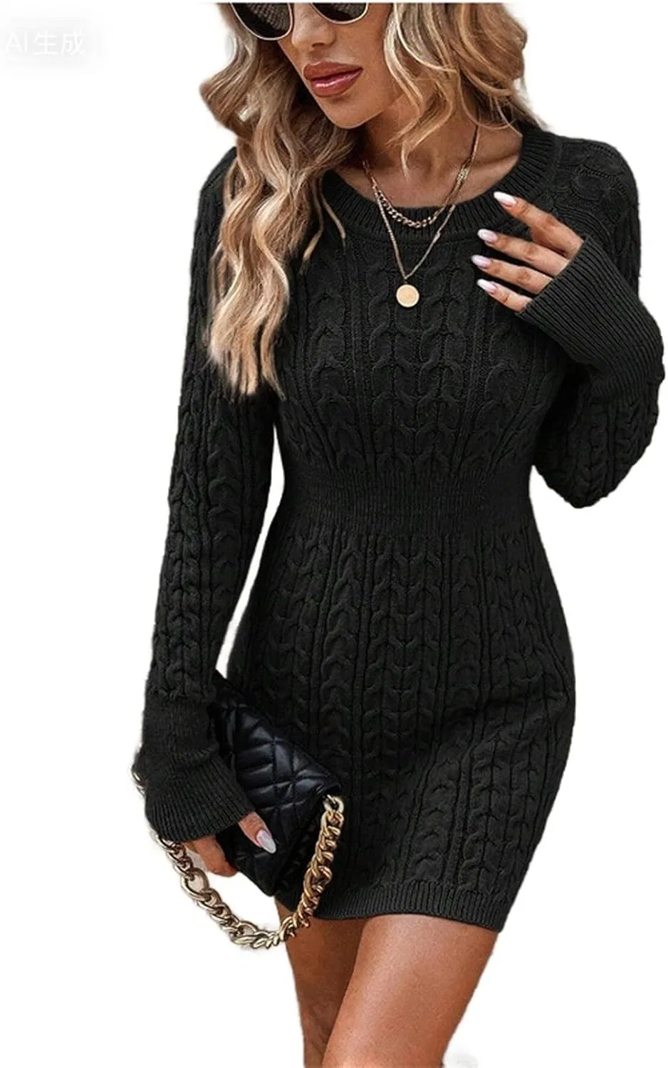 Женское облегающее мини-платье с V-образным вырезом Twist Knit, Black
