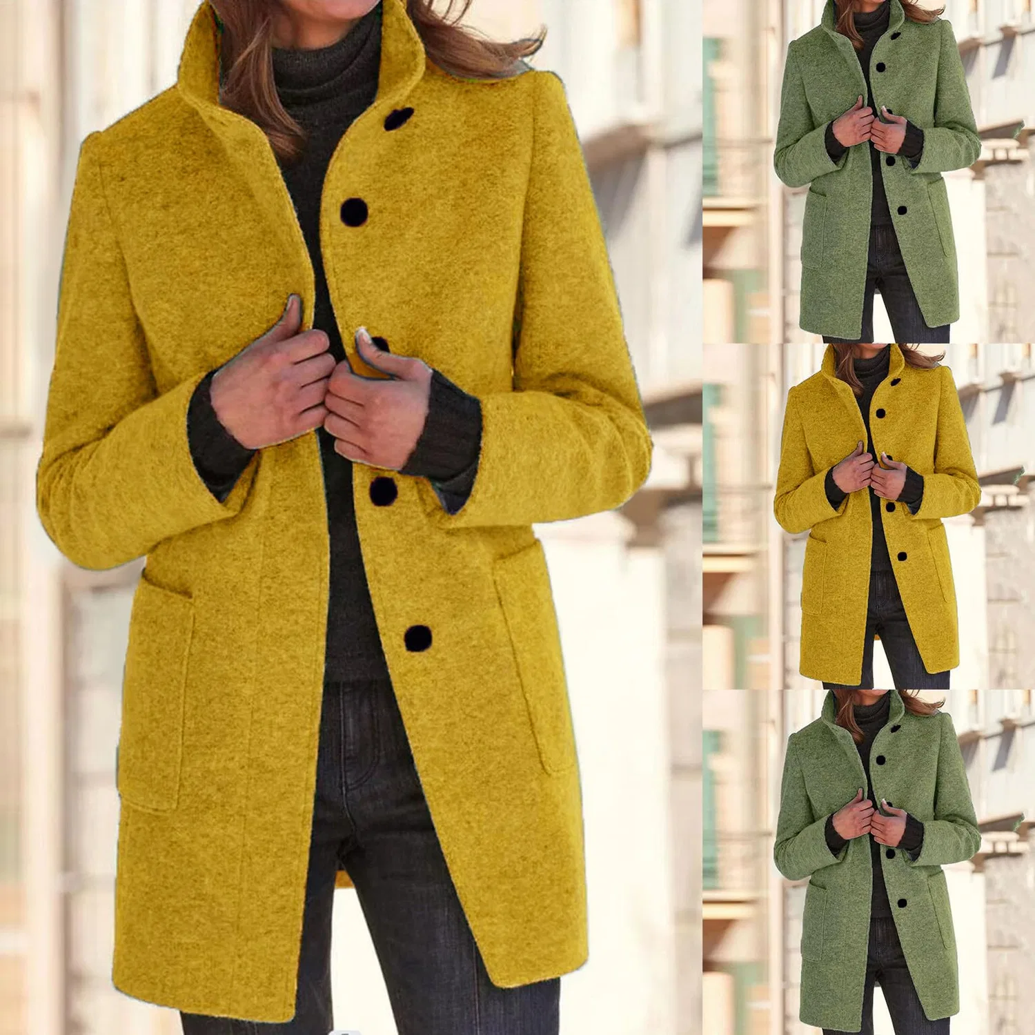 Женское пальто с лацканами из букле, однобортное, средней длины, Comfortable Lapel Wool Cardigan Chunky Jacket, Z1Yellow — фото 3
