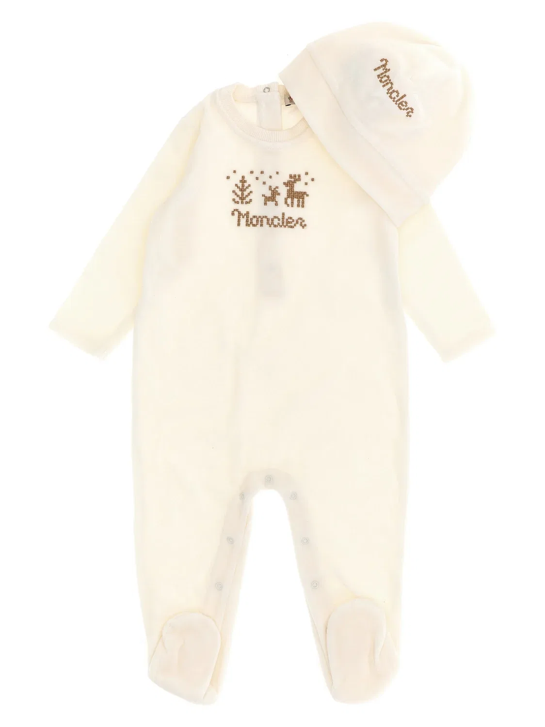 Комплект: комбинезон и шапочка с вышивкой крестиком Moncler Enfant, белый