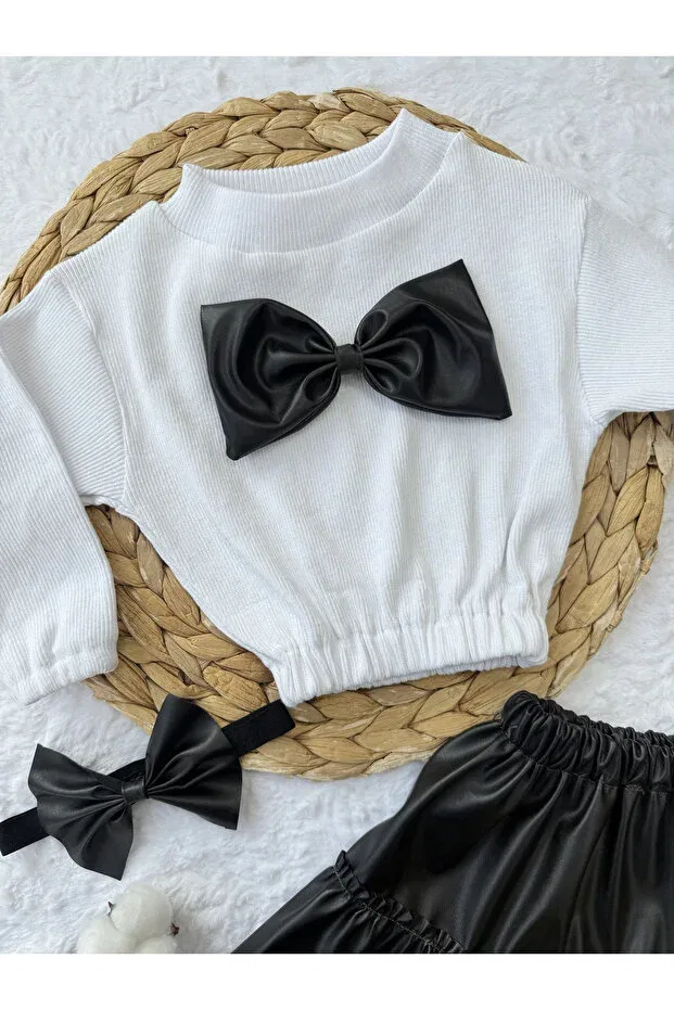 Детский комплект для девочек с принтом Girl & baby set leather skirt bow badi bandana set Akif Giyim, White — фото 4