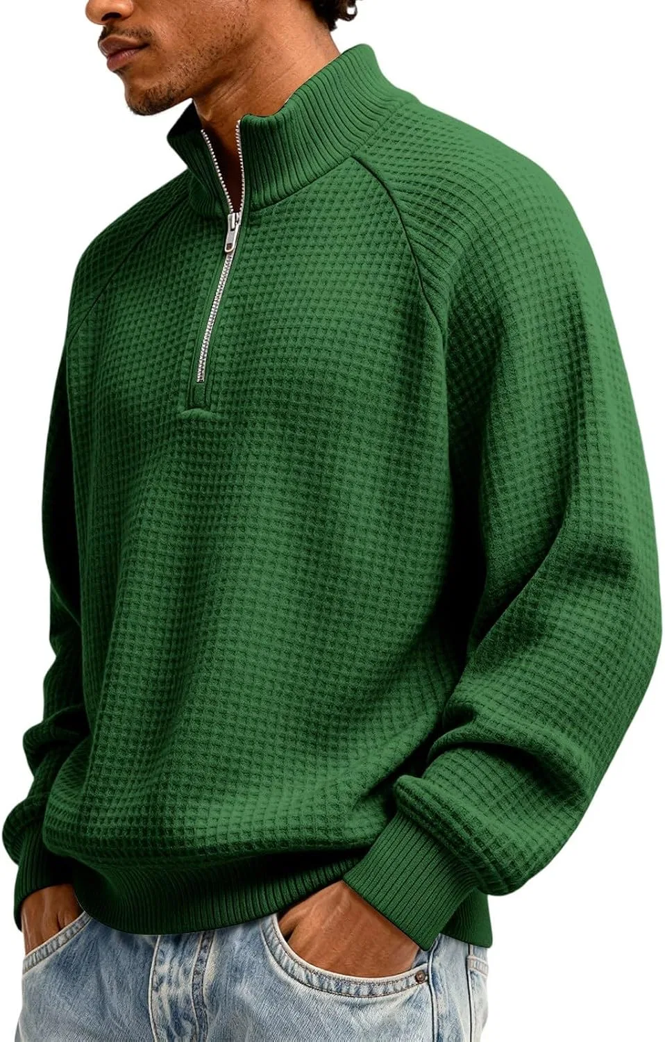 Мужская футболка с воротником-стойкой и четверть-застежкой Waffle Knit, Dark Green — фото 2