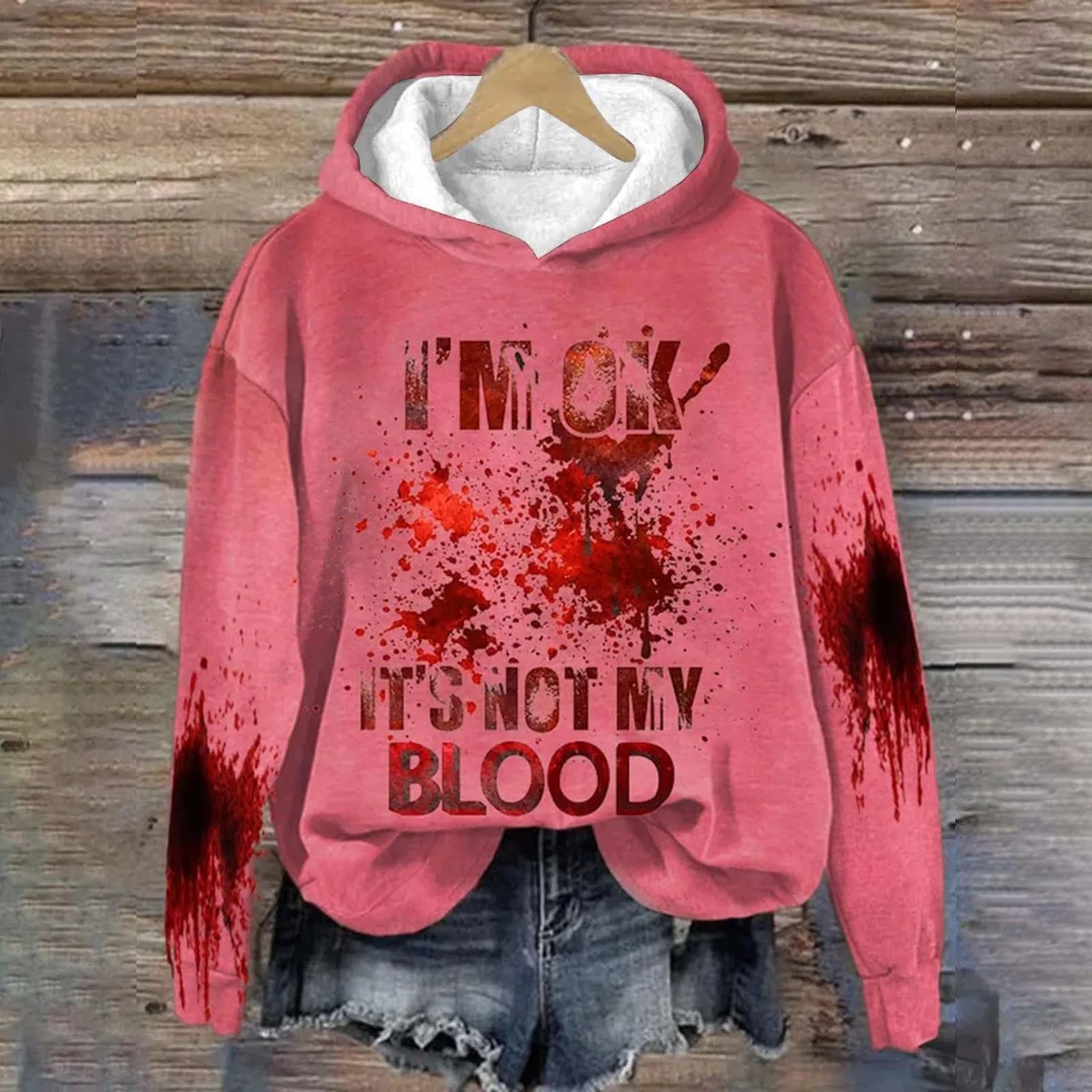 Женский худи с принтом I'M Ok Its Not My Blood, Z012 Hot Pink — фото 2