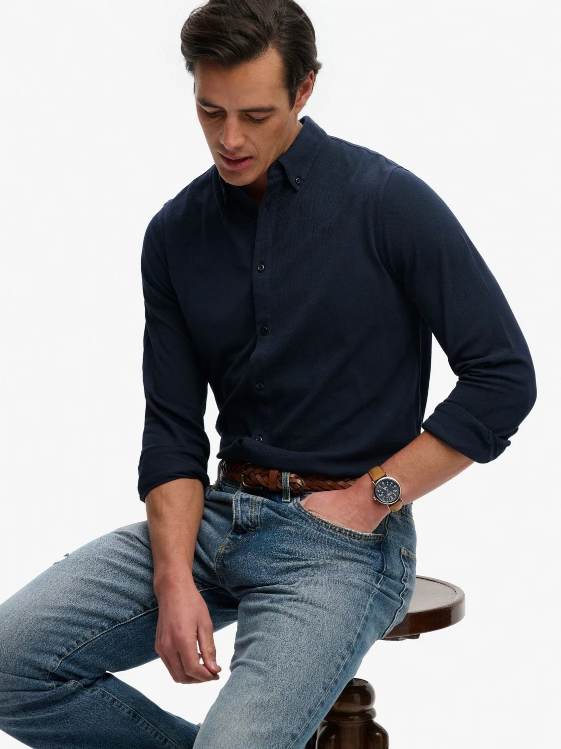 Рубашка из пике Vintage Destroy, длинный рукав Superdry, темно-синий