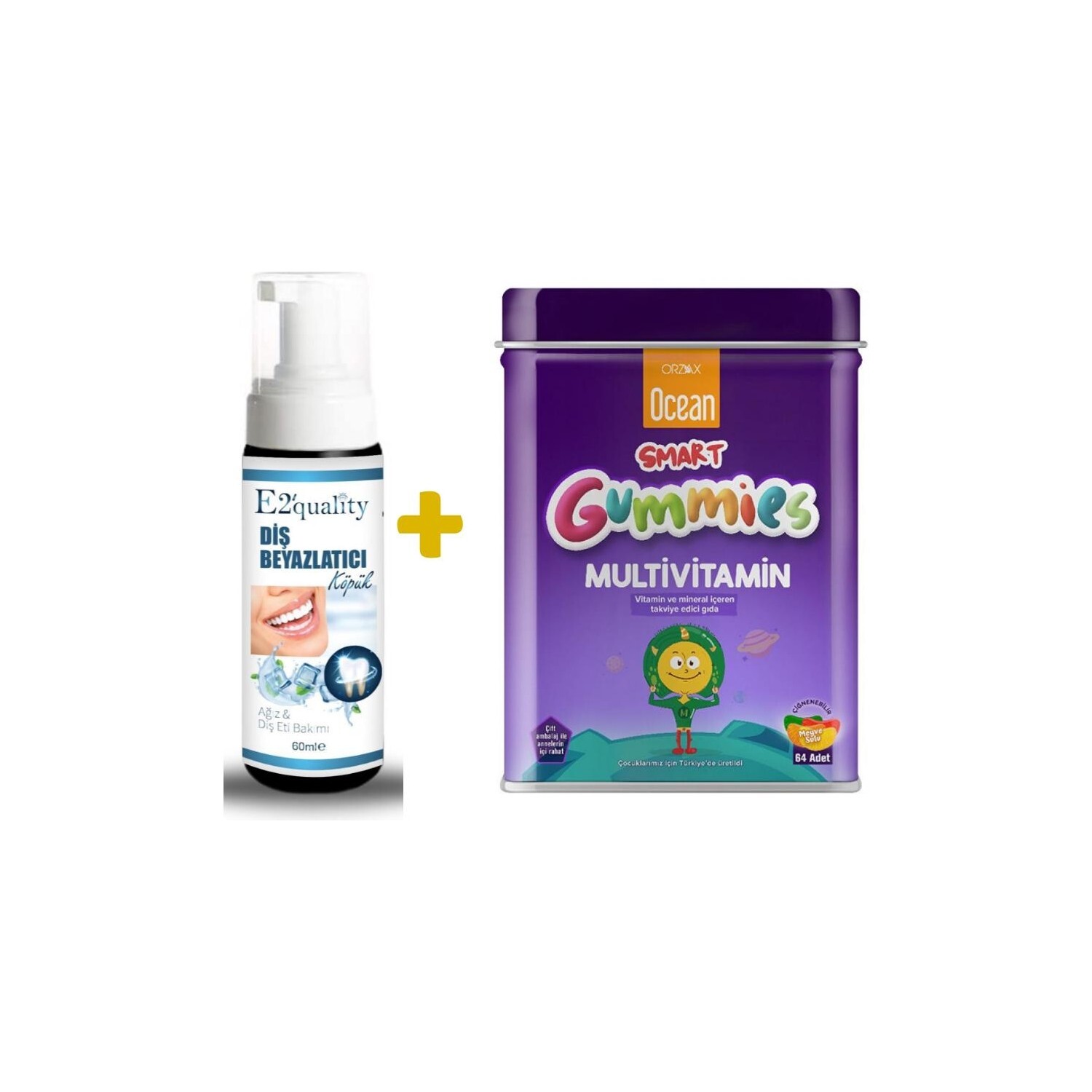 

Отбеливающая пена для зубов Orzax E2' Quality + Мультивитаминный гель Orzax Ocean Smart Gumies с фруктовым соком, 64 штуки