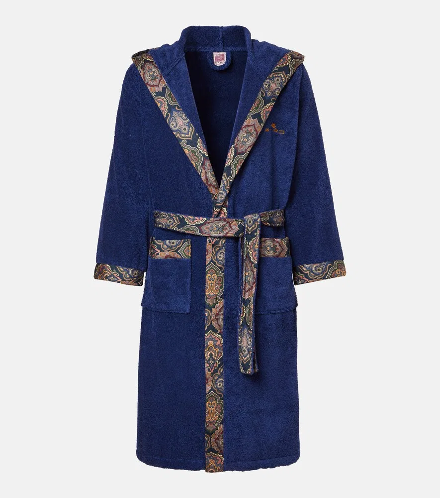 Хлопковый махровый халат с узором пейсли Etro, синий