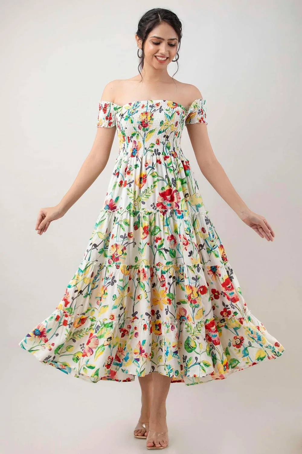Женское летнее платье миди с цветочным принтом офф-ш shoulder, White Floral — фото 2
