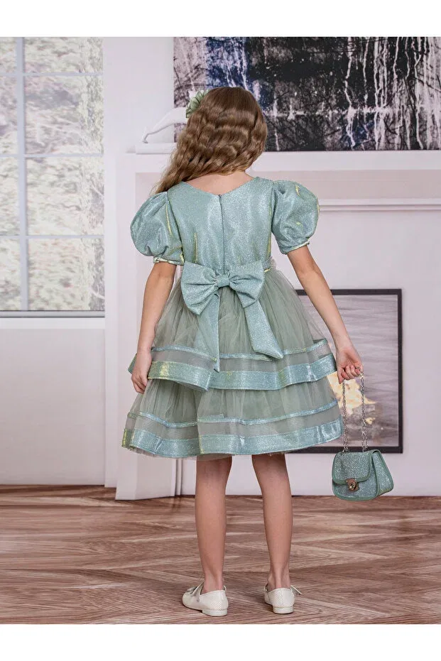 Детское платье для девочек с коротким рукавом-фонарик Süslü Pink Kids, Green — фото 3