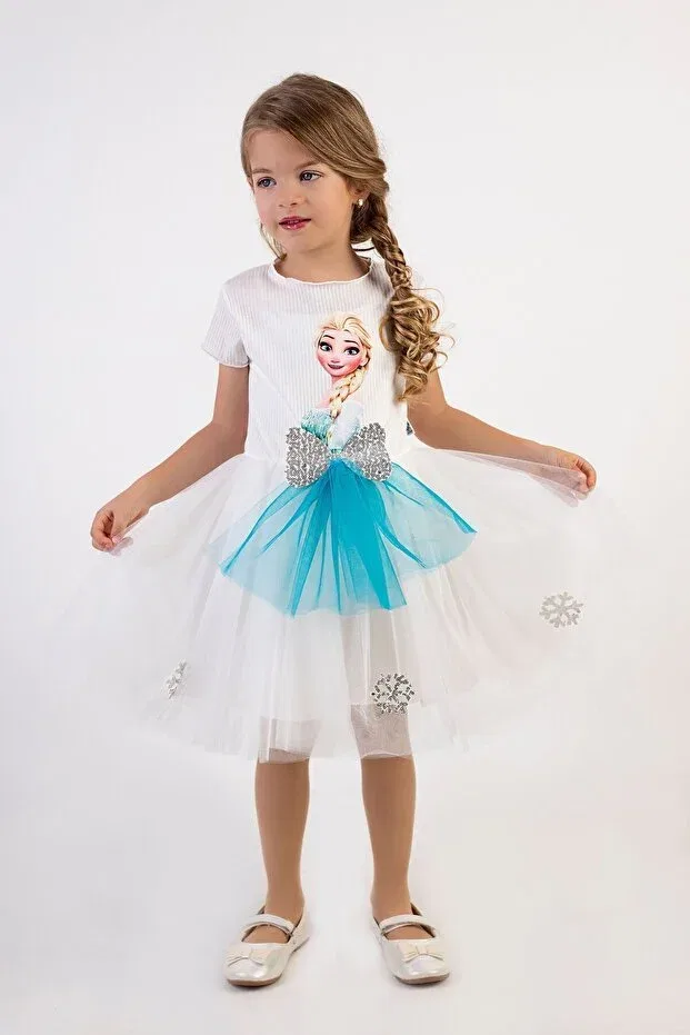 Детское платье для девочек с принтом Elsa Dress Le Mery, White — фото 2