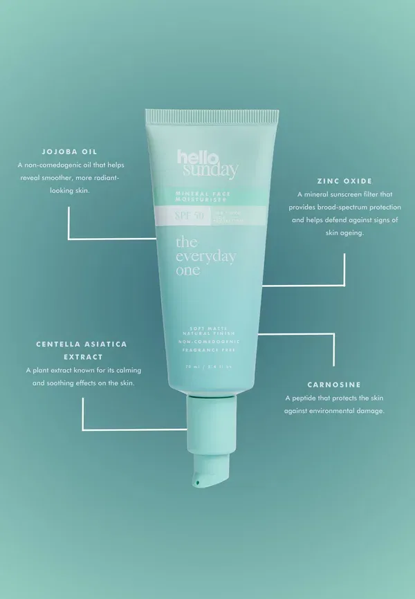 Увлажняющий минеральный крем для лица The Everyday One без закупорки пор и с SPF 50, содержащий экстракт центеллы азиатской. Защита от солнца 70 мл Hello Sunday — фото 3
