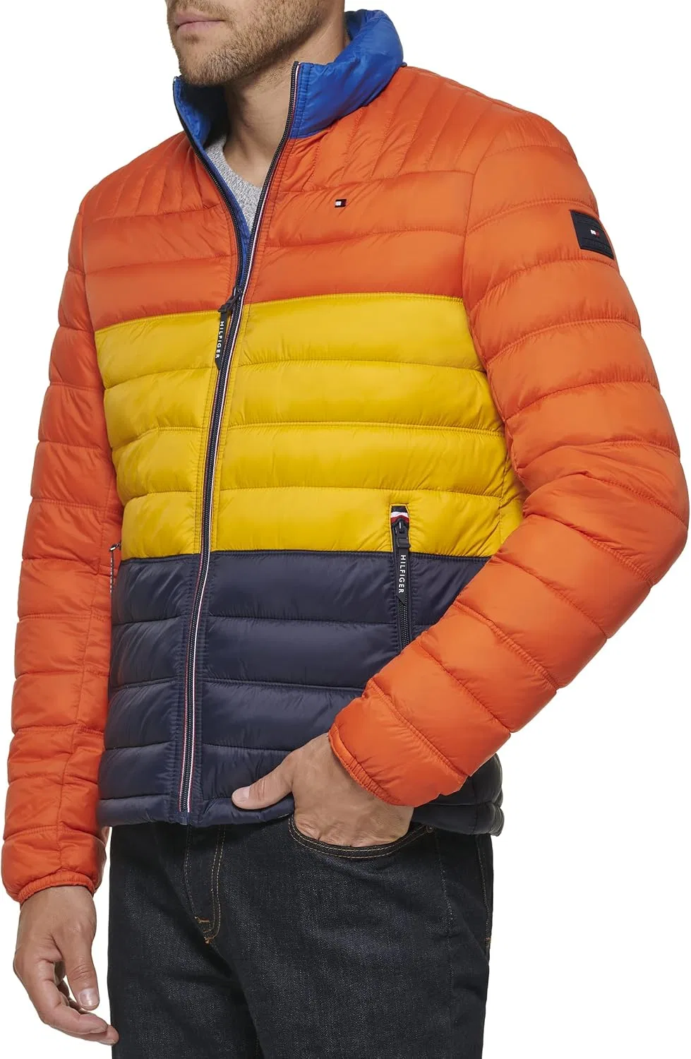Мужская куртка-пуховик с эмблемой Tommy Hilfiger, Orange Yellow Midnight Colorblock — фото 3