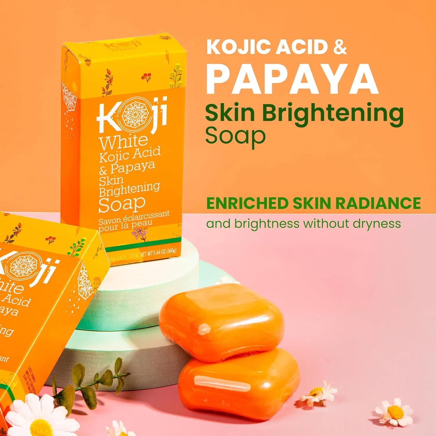 Мыло для лица и тела Kojic Acid & Papaya Brightening Soap, Koji White, 2 батончика по 80 г, Оранжевый — фото 2