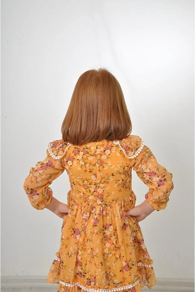 Детское платье для девочек с принтом Girl'S Dress Mustard Floral Pompom Detail Casual Birthday Dress Filizdens Kids, Sarı — фото 3