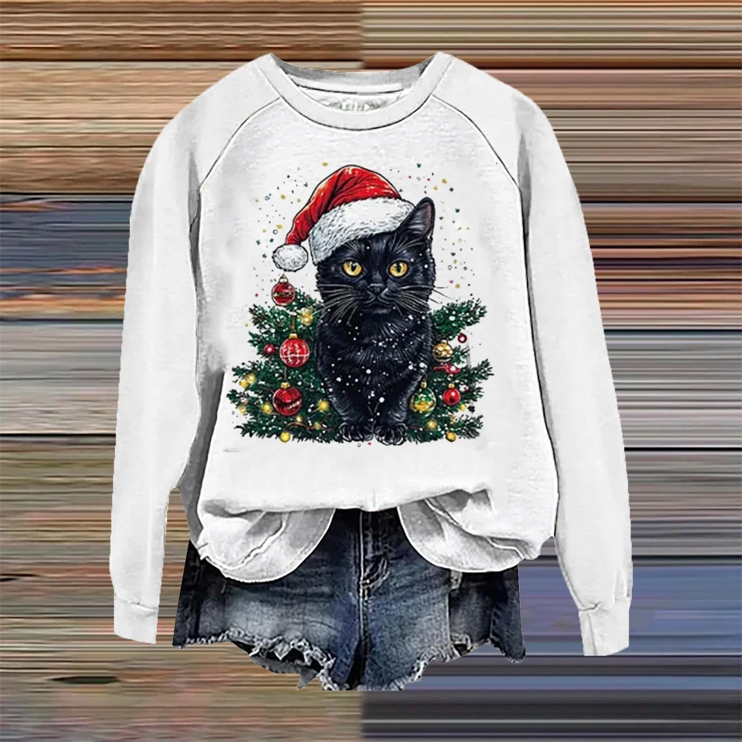 Женский свитшот с принтом Christmas Tree Funny Cat Say What Woman Pullover, Z11 White — фото 2