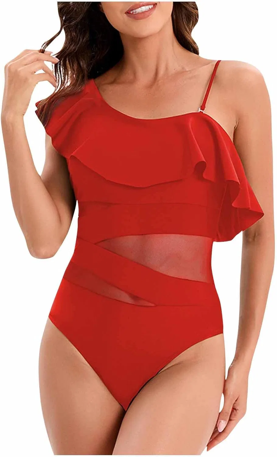 Женский слитный купальник с рюшами, One shoulder, A01 Red