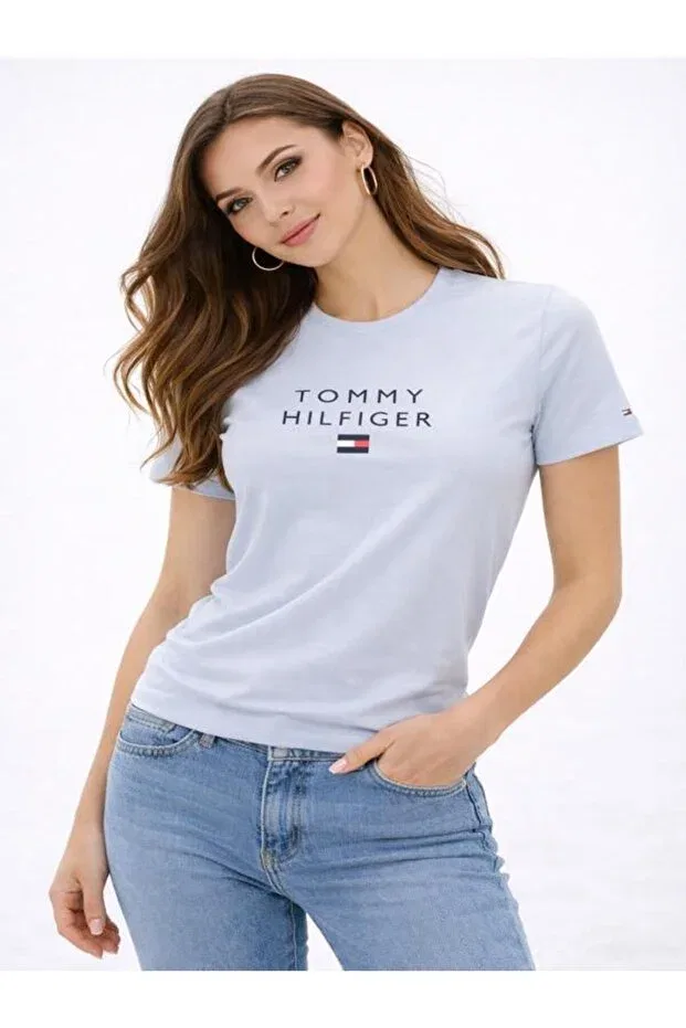 Женская футболка с принтом Organic Cotton Chest Th Embroidered Logo Tommy Hilfiger, Light Blue