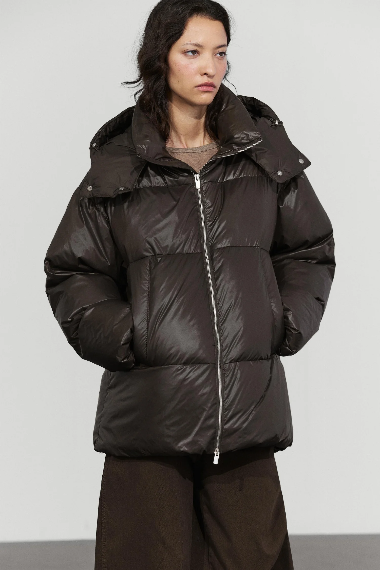 Пуховик Massimo Dutti With Mitten Detail, коричневый — фото 2