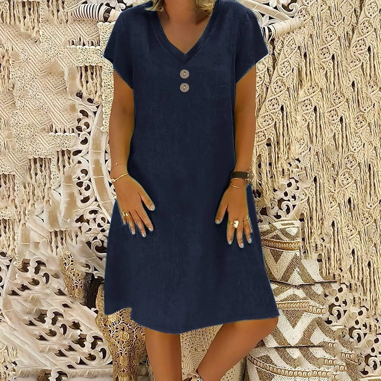 Женское повседневное платье миди с V-образным вырезом Cotton Linen, Navy — фото 4