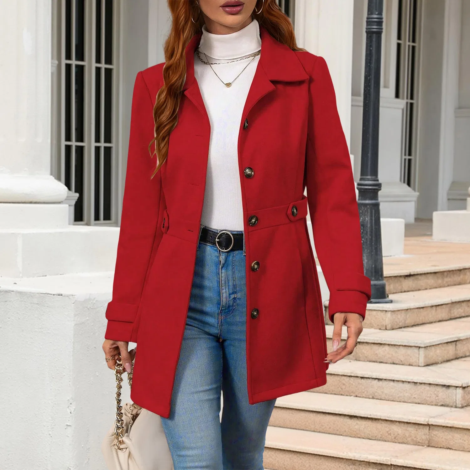 Женское зимнее пальто с карманами однобортное, Rosso — фото 2