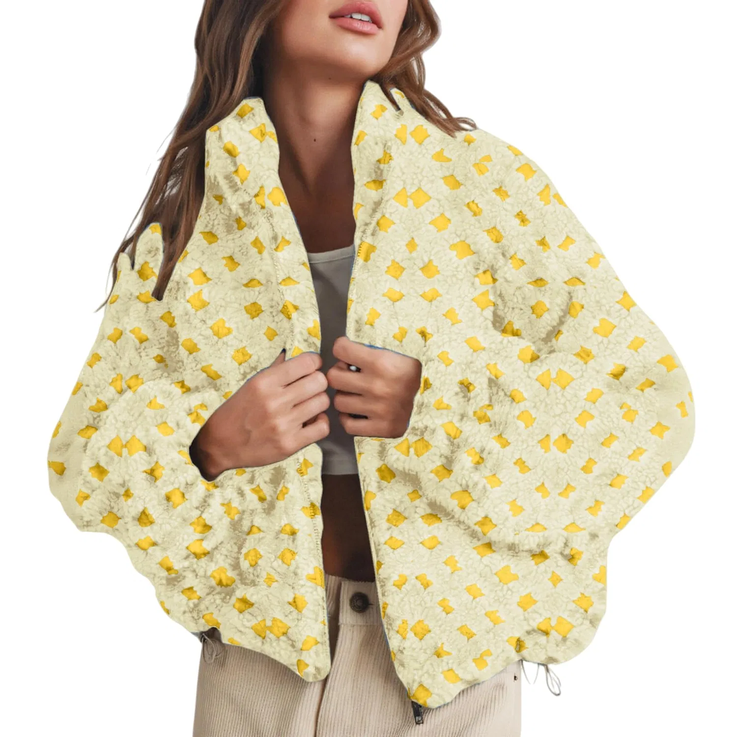 Женское пальто с длинным рукавом в клетку, yellow