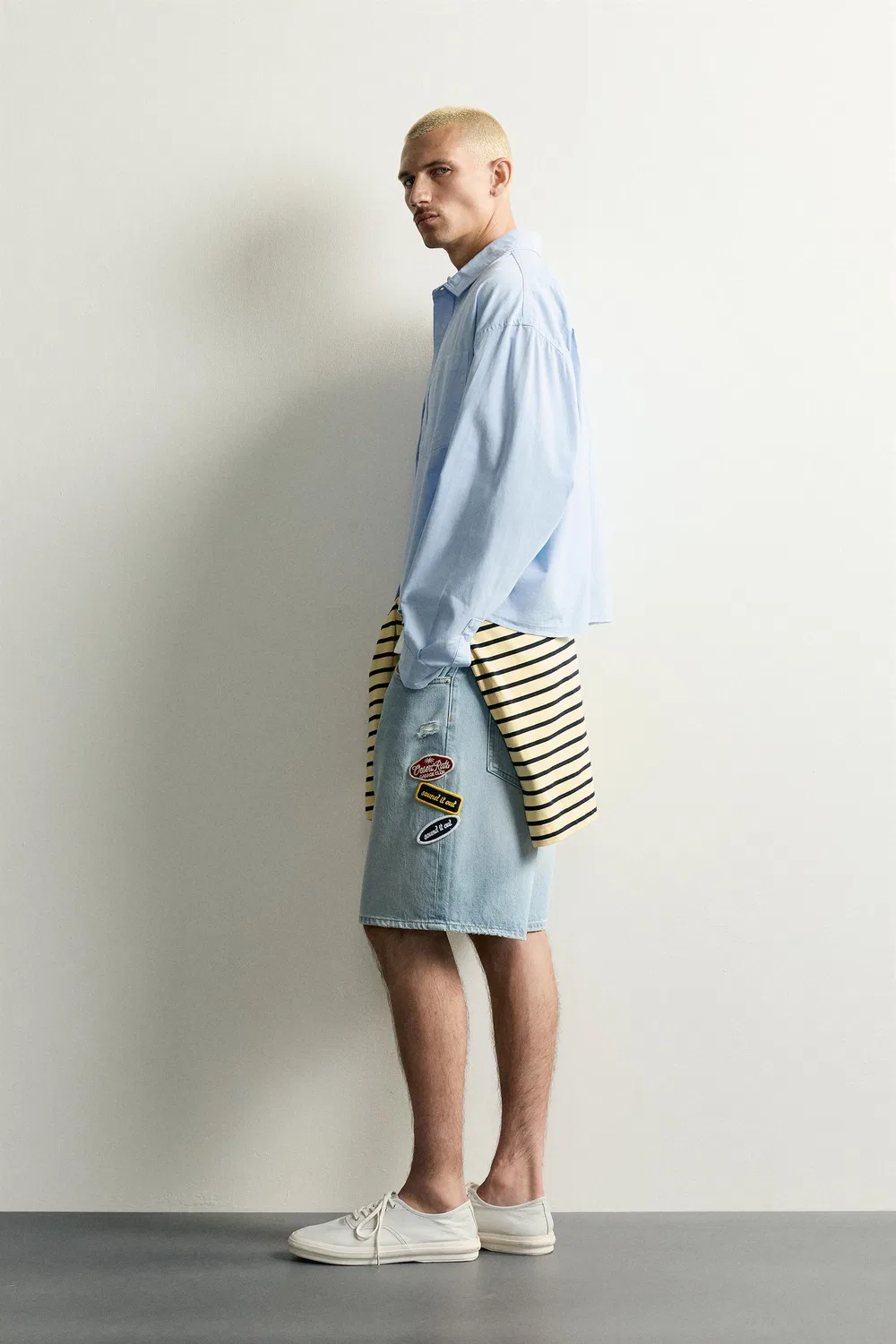 Свободные джинсовые шорты-бермуды с нашивками. ZARA, Blue — фото 4