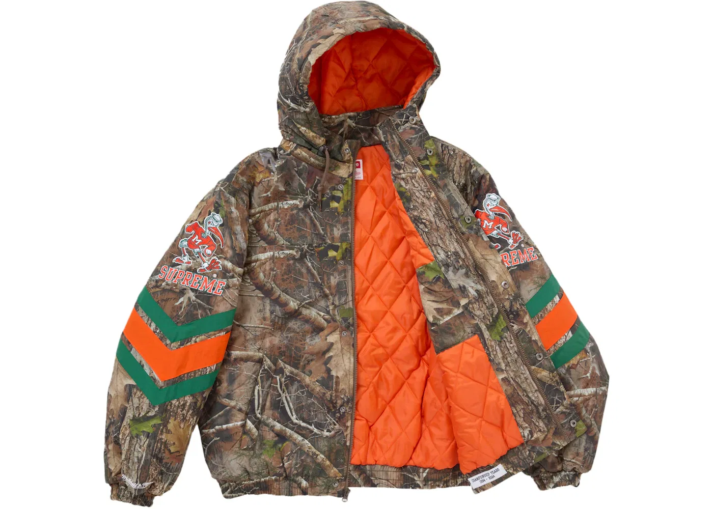 Мужская куртка с капюшоном и принтом Supreme Mitchell & Ness NCAA Hooded Stadium Jacket, Woodland Camo — фото 2