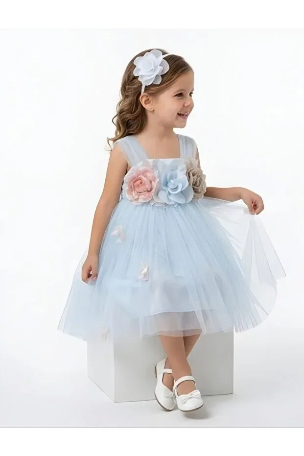 Детское платье для девочек с принтом Baby Blue Tulle Dress With Crown Accessory And Floral Front Moda, Blue — фото 2