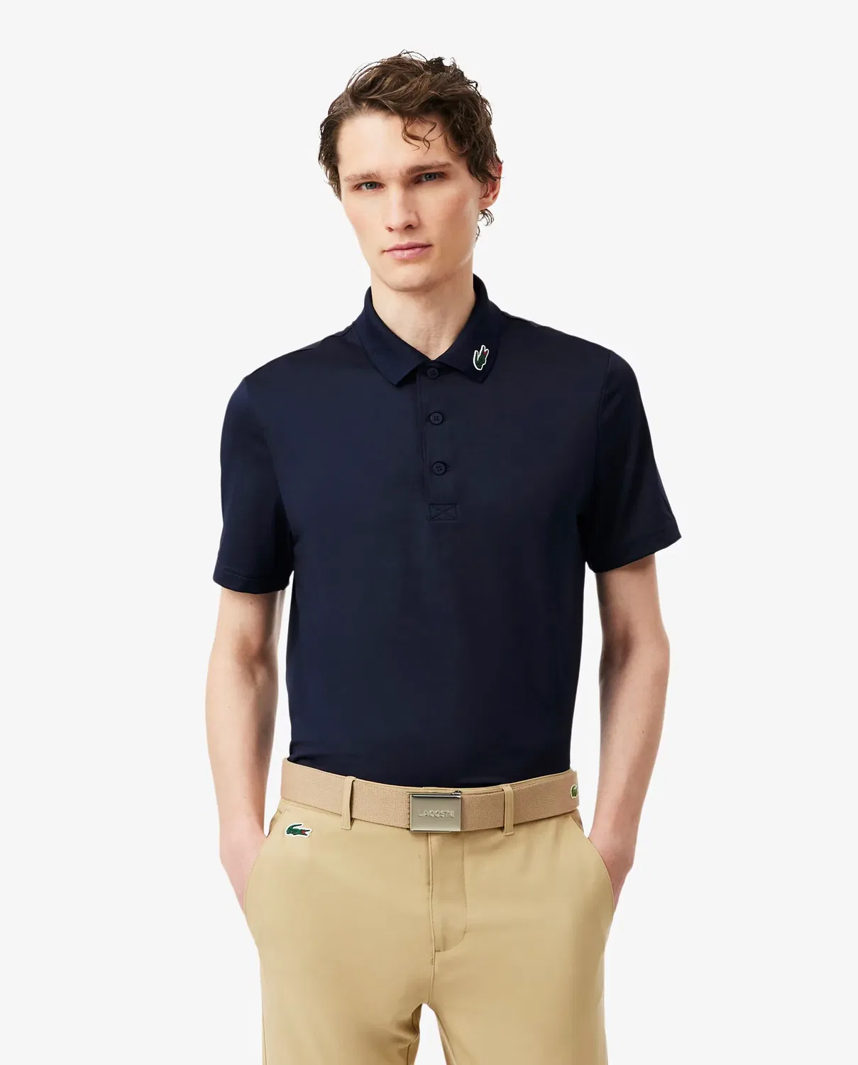 Мужское поло Lacoste с коротким рукавом, технический трикотаж, Azul Marino