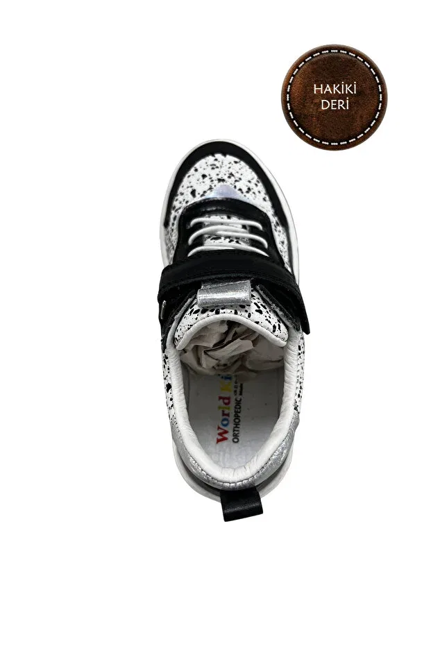 Детские туфли для девочек из натуральной кожи Şenler Bebe World Kids, Black-White Black Pattern-Silver — фото 3