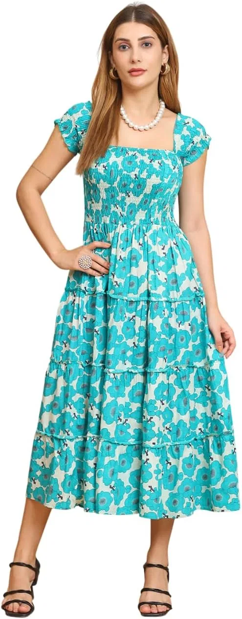 Женское платье миди с цветочным принтом, Blue Floral