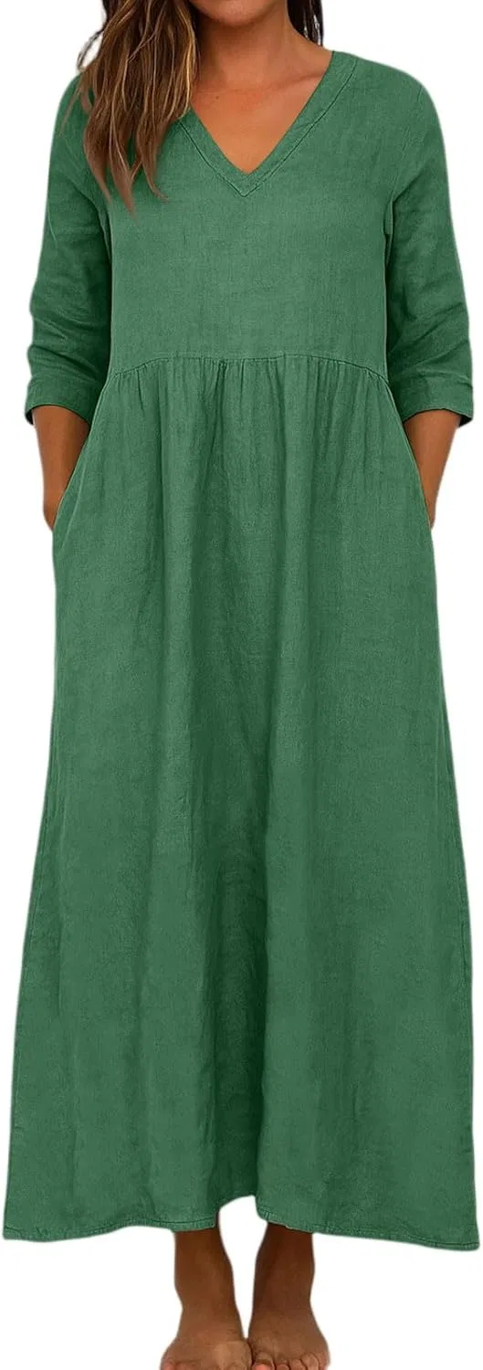 Женское летнее платье макси с V-образным вырезом и рукавом 3/4, Army Green