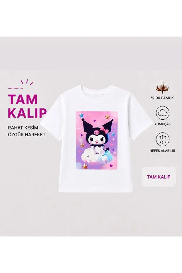 Детский комплект футболок для девочек с принтом Kuromi girl child printed t-shirt + purple kuromi babble hair + face stone 3-piece set Bemora Kids, Purple — фото 3