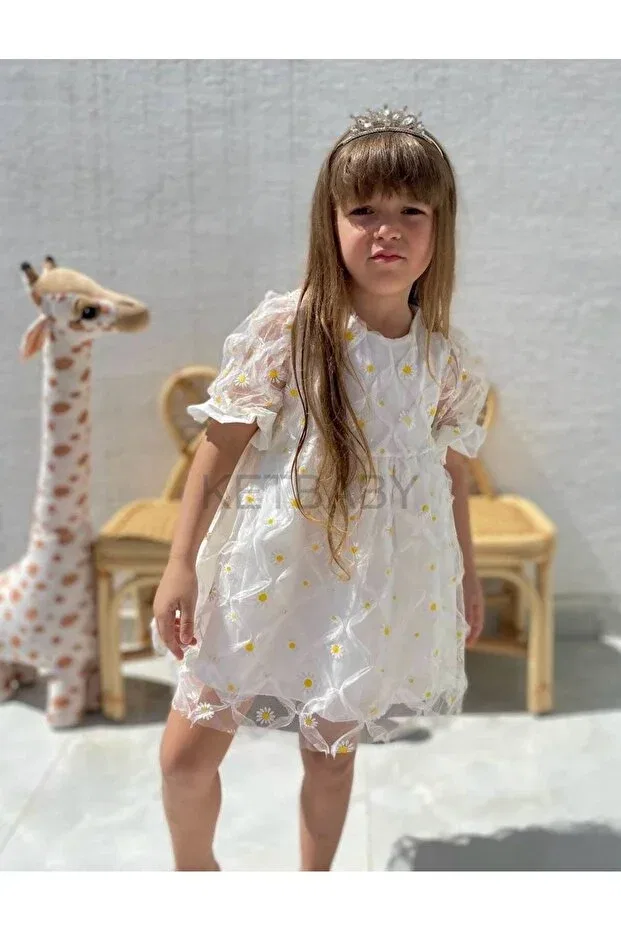 Детское платье для девочек с принтом Daisy Pattern Short Sleeve Dress Ketbaby, White — фото 3