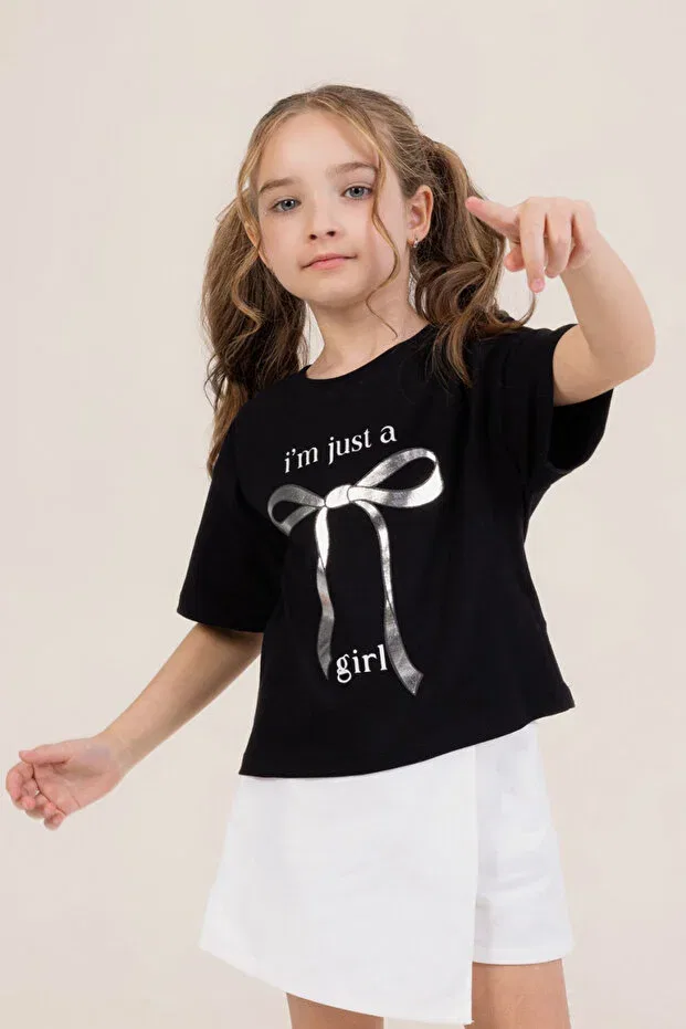 Детская хлопковое футболка с принтом для девочек Bow Printed Short Sleeve Round Neck Cotton Comfortable Summer Girl's T-Shirt Dmb Boys & Girls, Black — фото 3