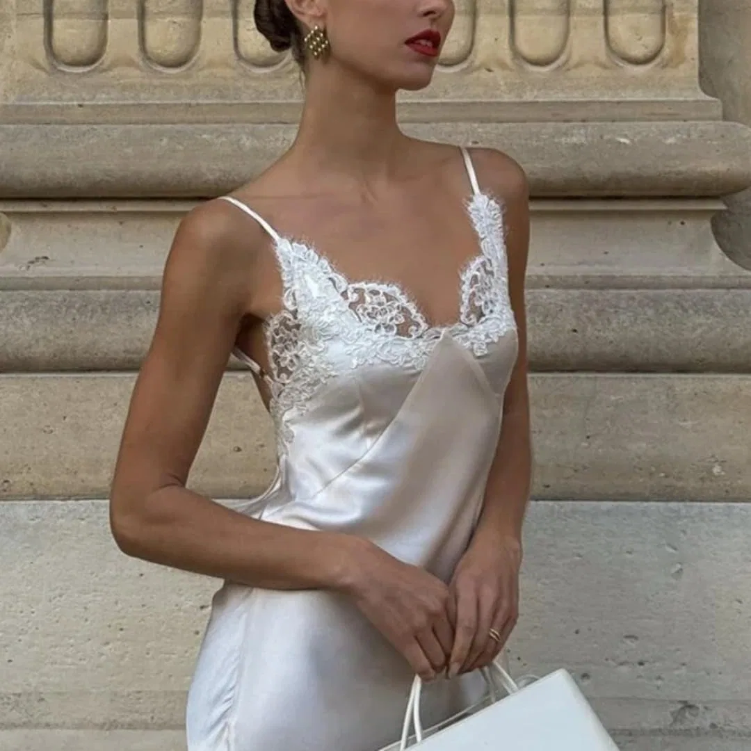 Женское сексуальное платье с кружевными вставками из атласа, White — фото 4