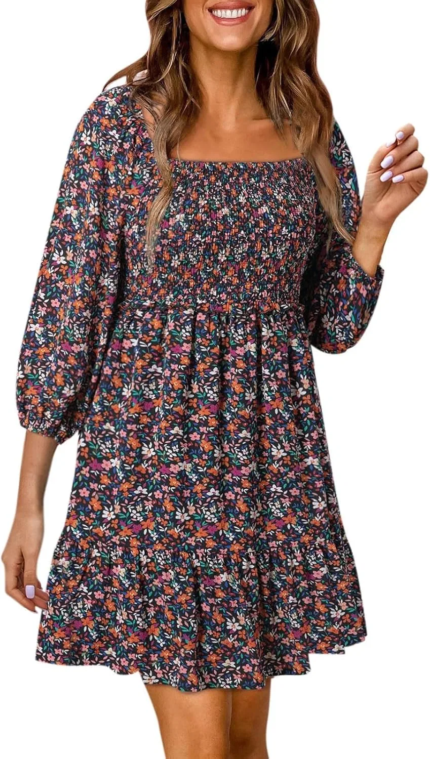 Женское повседневное платье с цветочным принтом Square Neck Smocked 3/4 Sleeve, Purple