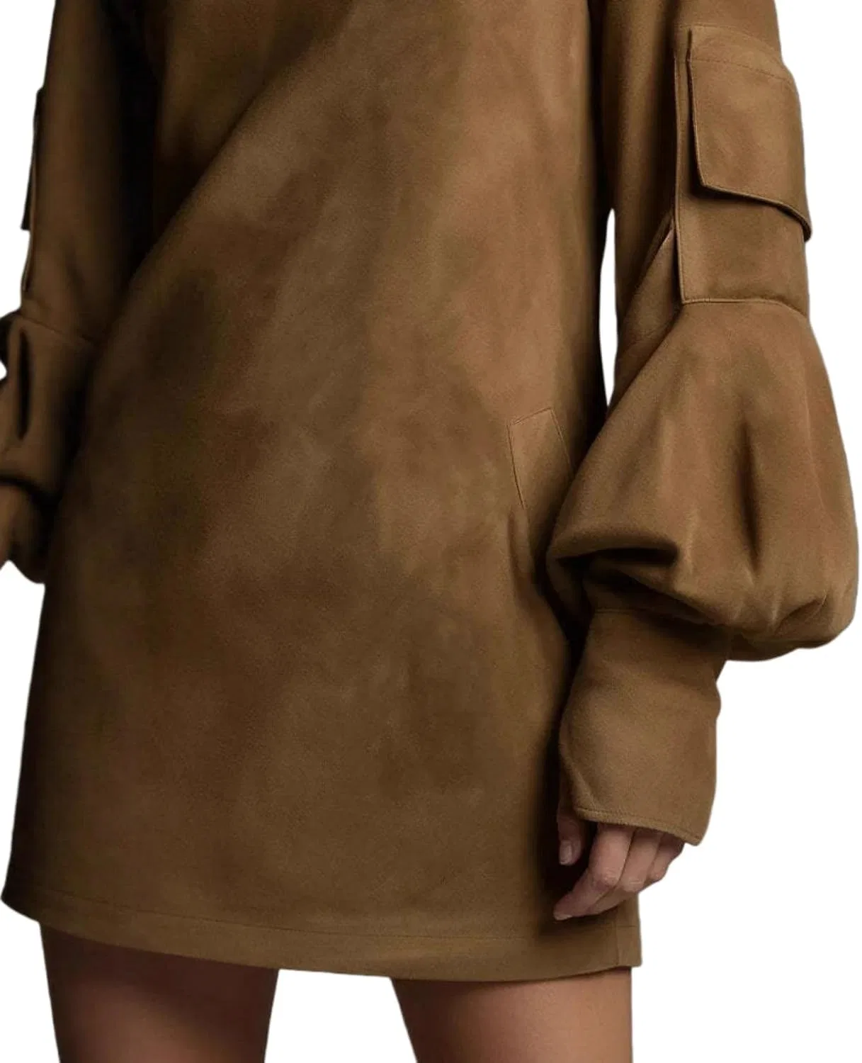 Женское мини-платье из замши с высоким воротом Loose, Caramel — фото 4
