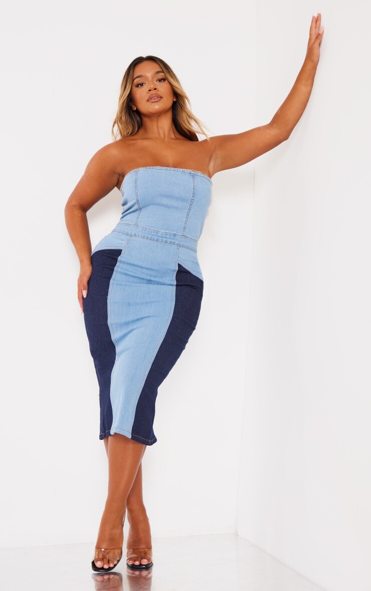 

PrettyLittleThing Джинсовое платье миди с контрастной отделкой Shape Vintage