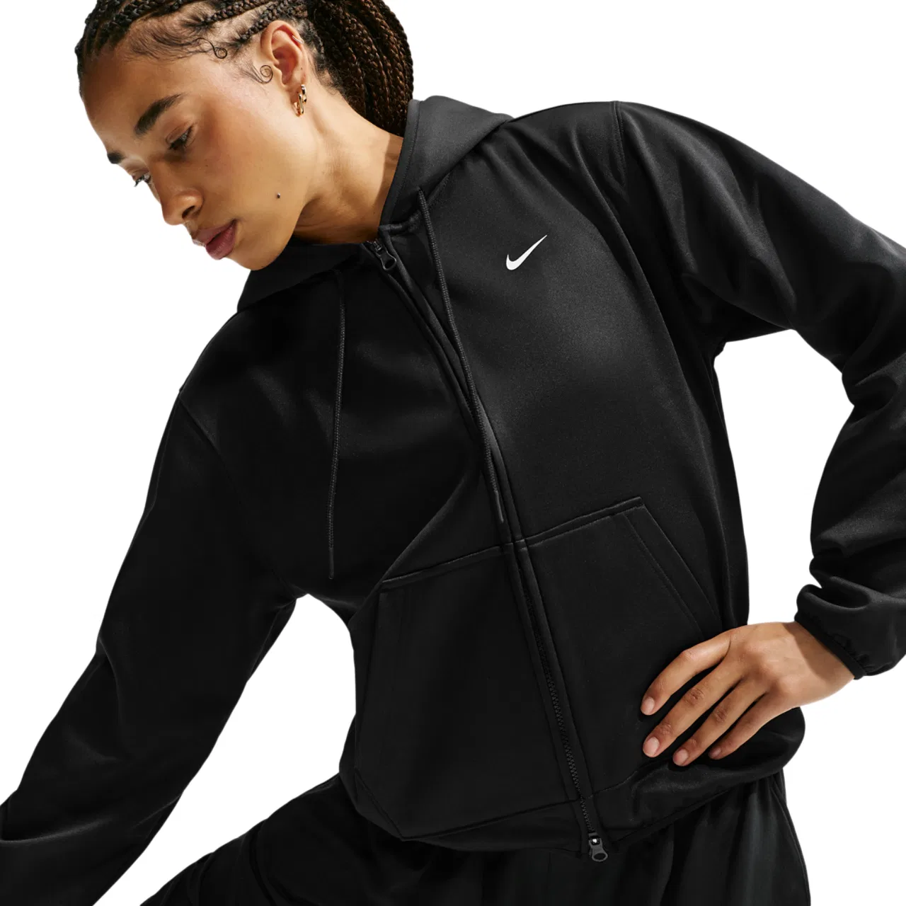 Женская толстовка с капюшоном и технологией Therma-FIT Nike Studio Fleece Sport Full Zip, черный/белый — фото 3