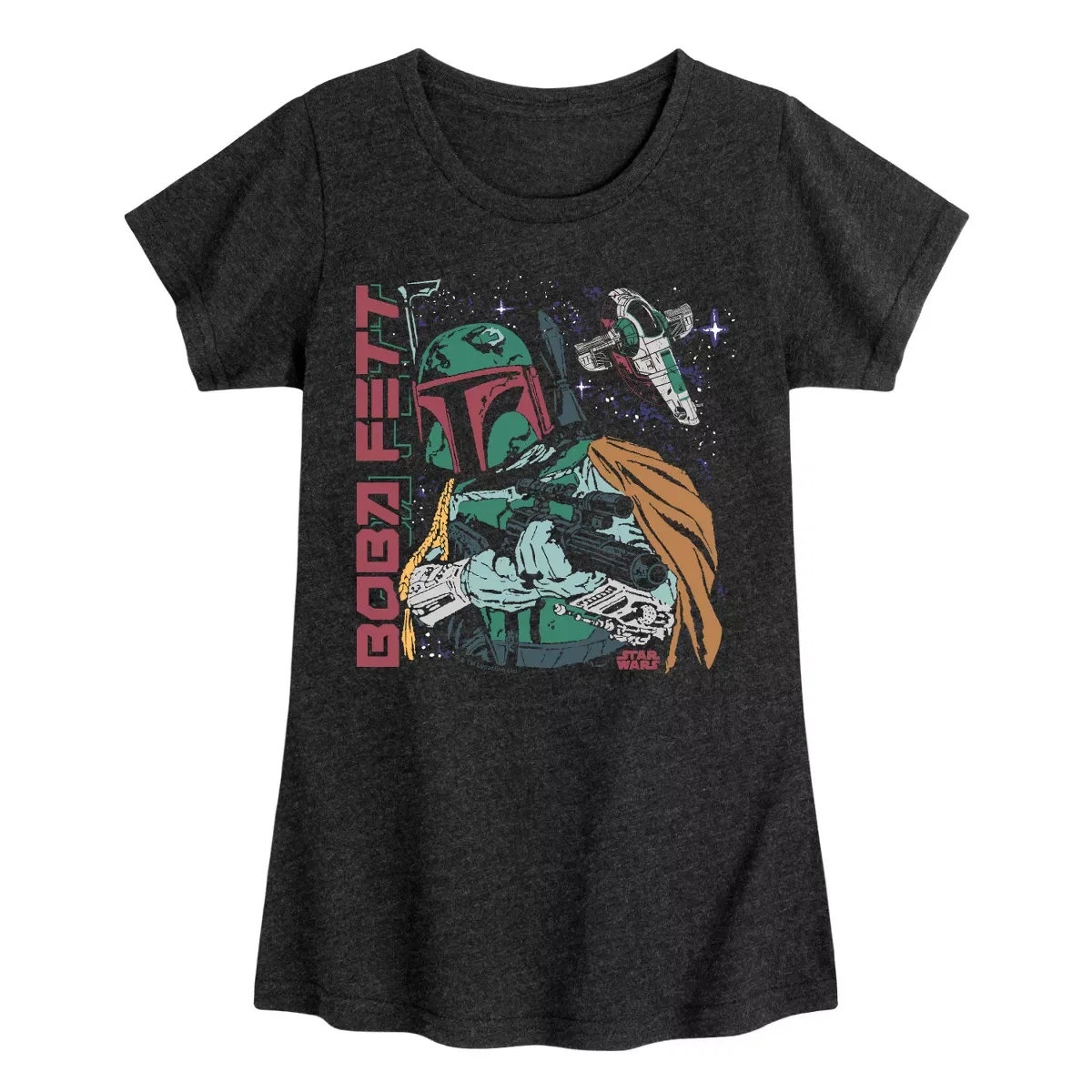 Детское футболка для девочек с принтом Star Wars Boba Fett Fitted Short Sleeve Graphic T-Shirt, Heather Black