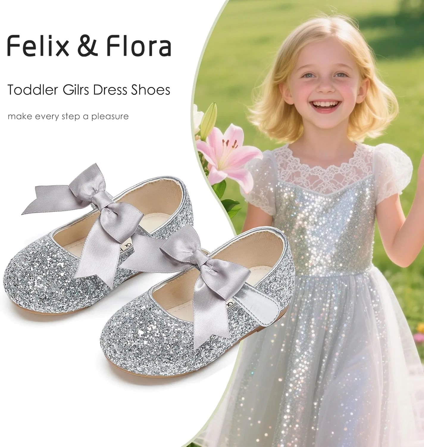 Детские туфли-балетки для девочек с цветочным принтом Felix & Flora, Glitter Silver — фото 4