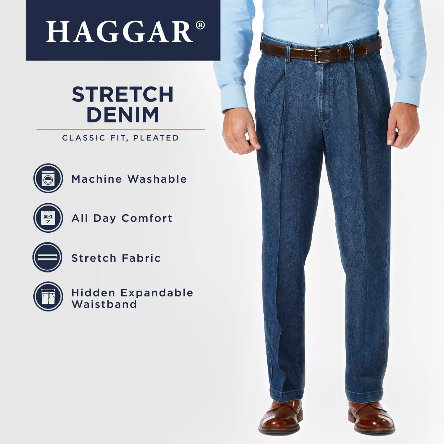 Мужские эластичные плиссированные джинсы классического кроя Haggar с расширяемой талией — фото 2