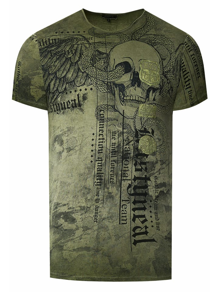 

Футболка байкера, выцветшая, с принтами по всей поверхности цвета хаки Rusty Neal