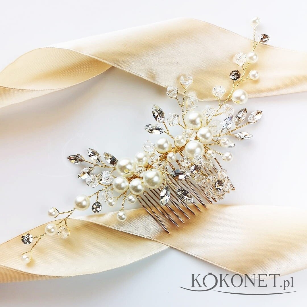 

Золотой свадебный гребень с жемчугом, цирконами и кристаллами Grzebyk